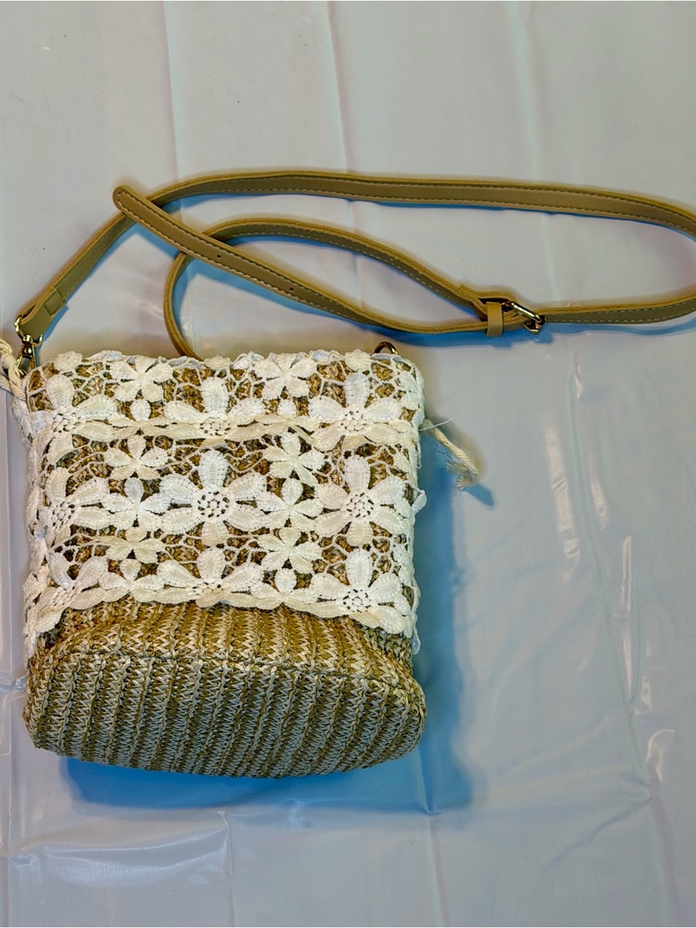 White Crochet Lace Straw Crossbody Bag with Tan Strap - Picture 2 of 8